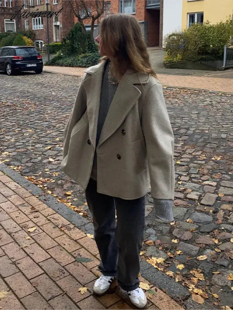 Turndown Collar Solid Jacket Autumn Women Long Sleeve Double Breasted Pocket Street Jackets Casual Female Split Office Outwear