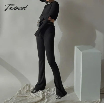 Two 2 Piece Sets Womens Outfits Tracksuits Sweatsuits Knitted Basic Crop Top High Waisted Casual Flare Pants Set Trousers Women