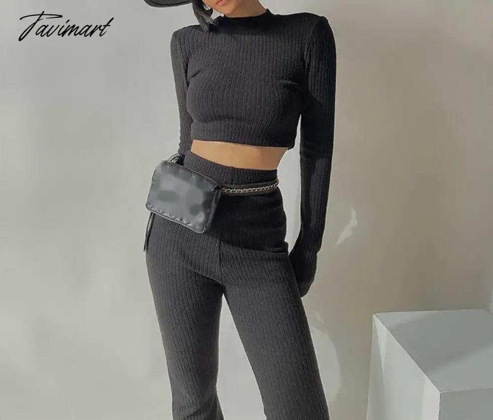 Two 2 Piece Sets Womens Outfits Tracksuits Sweatsuits Knitted Basic Crop Top High Waisted Casual Flare Pants Set Trousers Women