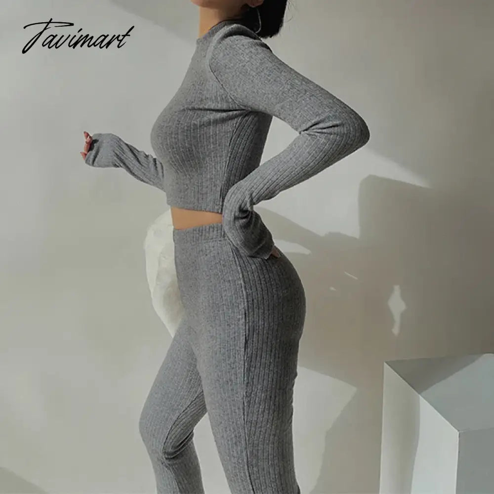 Two 2 Piece Sets Womens Outfits Tracksuits Sweatsuits Knitted Basic Crop Top High Waisted Casual Flare Pants Set Trousers Women