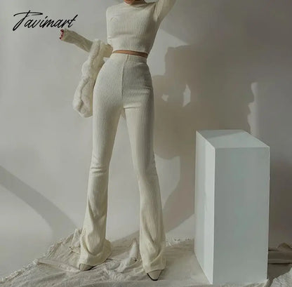 Two 2 Piece Sets Womens Outfits Tracksuits Sweatsuits Knitted Basic Crop Top High Waisted Casual Flare Pants Set Trousers Women