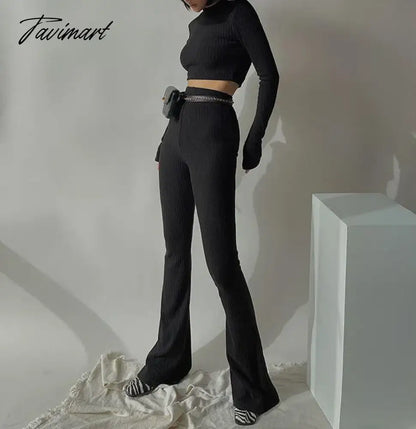 Two 2 Piece Sets Womens Outfits Tracksuits Sweatsuits Knitted Basic Crop Top High Waisted Casual Flare Pants Set Trousers Women