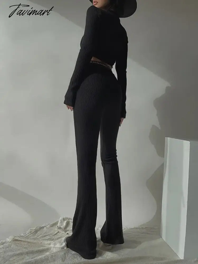 Two 2 Piece Sets Womens Outfits Tracksuits Sweatsuits Knitted Basic Crop Top High Waisted Casual Flare Pants Set Trousers Women