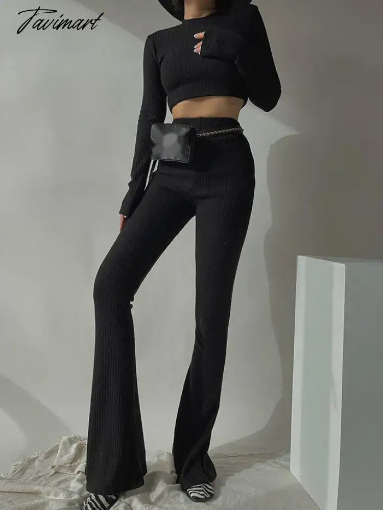 Two 2 Piece Sets Womens Outfits Tracksuits Sweatsuits Knitted Basic Crop Top High Waisted Casual Flare Pants Set Trousers Women