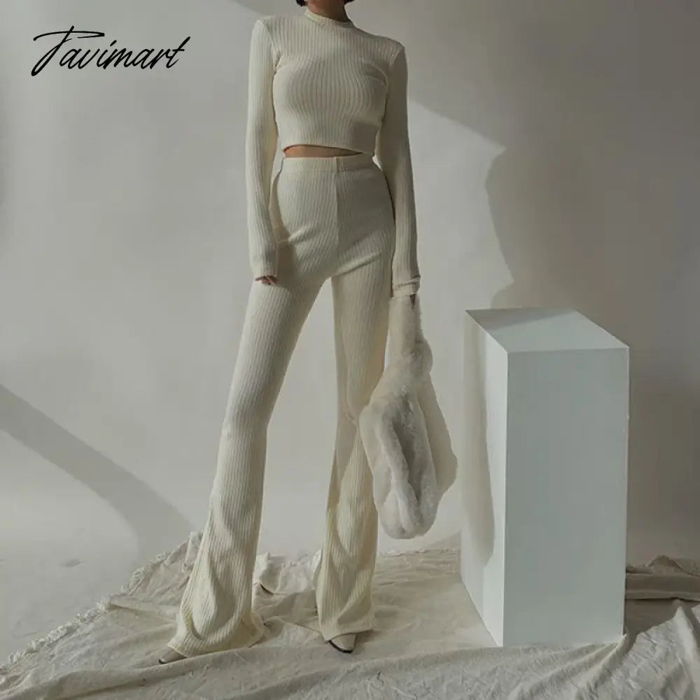 Two 2 Piece Sets Womens Outfits Tracksuits Sweatsuits Knitted Basic Crop Top High Waisted Casual Flare Pants Set Trousers Women
