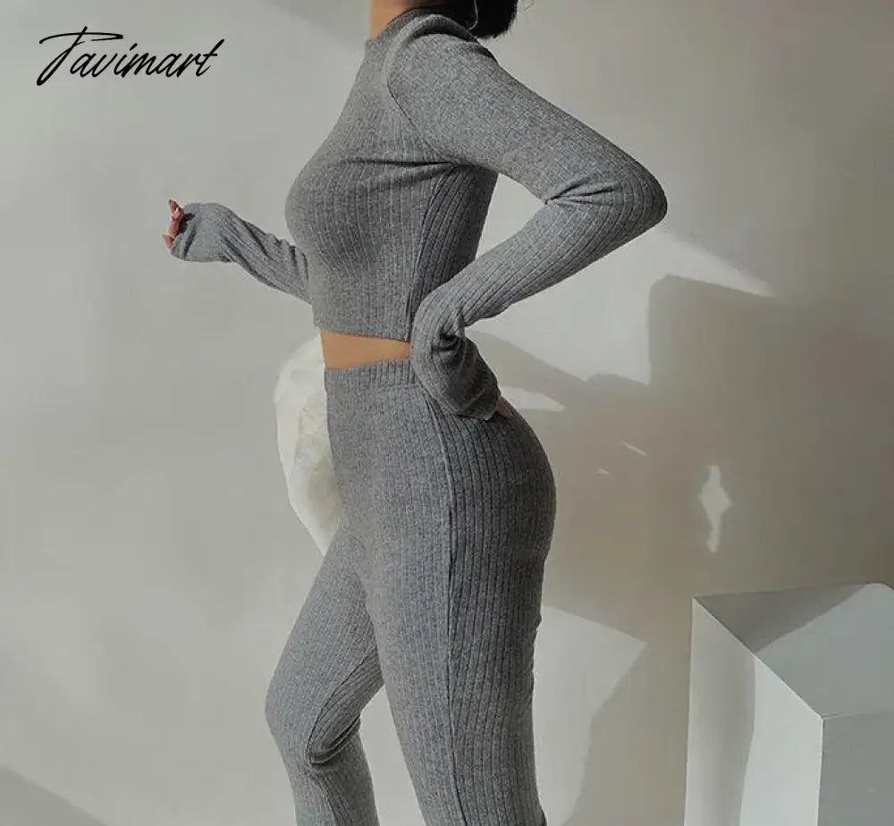 Two 2 Piece Sets Womens Outfits Tracksuits Sweatsuits Knitted Basic Crop Top High Waisted Casual Flare Pants Set Trousers Women