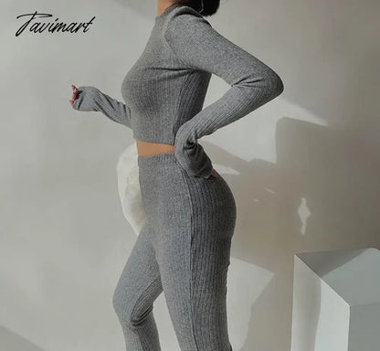 Two 2 Piece Sets Womens Outfits Tracksuits Sweatsuits Knitted Basic Crop Top High Waisted Casual Flare Pants Set Trousers Women