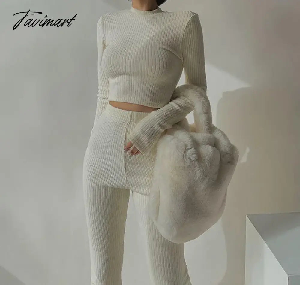 Two 2 Piece Sets Womens Outfits Tracksuits Sweatsuits Knitted Basic Crop Top High Waisted Casual Flare Pants Set Trousers Women