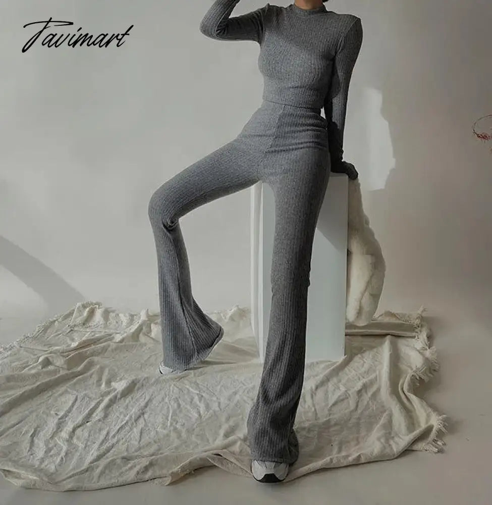 Two 2 Piece Sets Womens Outfits Tracksuits Sweatsuits Knitted Basic Crop Top High Waisted Casual Flare Pants Set Trousers Women