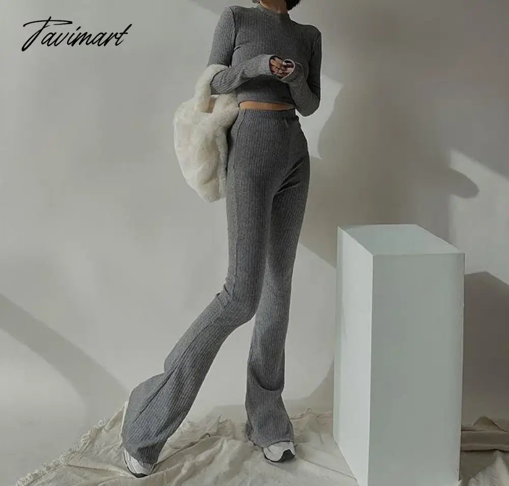 Two 2 Piece Sets Womens Outfits Tracksuits Sweatsuits Knitted Basic Crop Top High Waisted Casual Flare Pants Set Trousers Women