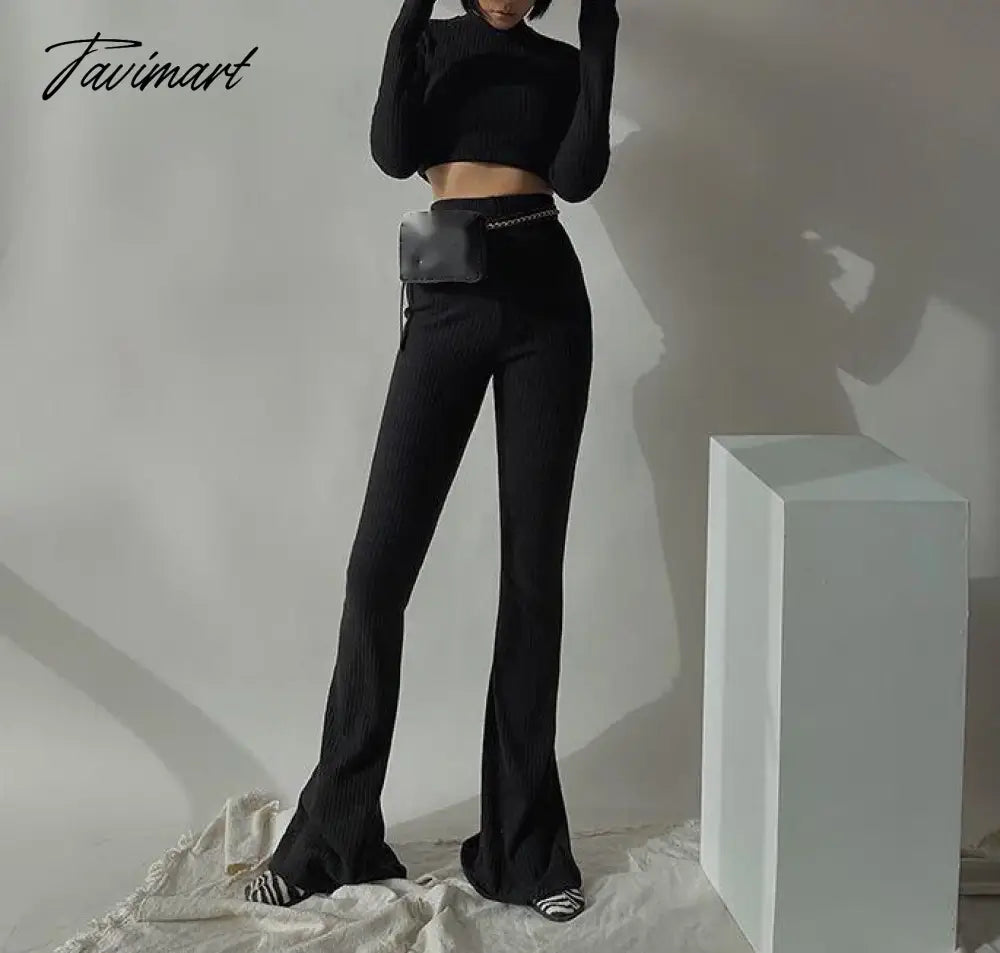 Two 2 Piece Sets Womens Outfits Tracksuits Sweatsuits Knitted Basic Crop Top High Waisted Casual Flare Pants Set Trousers Women