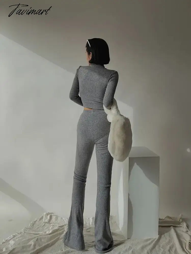 Two 2 Piece Sets Womens Outfits Tracksuits Sweatsuits Knitted Basic Crop Top High Waisted Casual Flare Pants Set Trousers Women