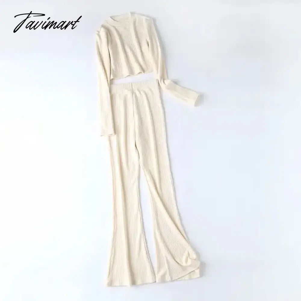 Two 2 Piece Sets Womens Outfits Tracksuits Sweatsuits Knitted Basic Crop Top High Waisted Casual Flare Pants Set Trousers Women