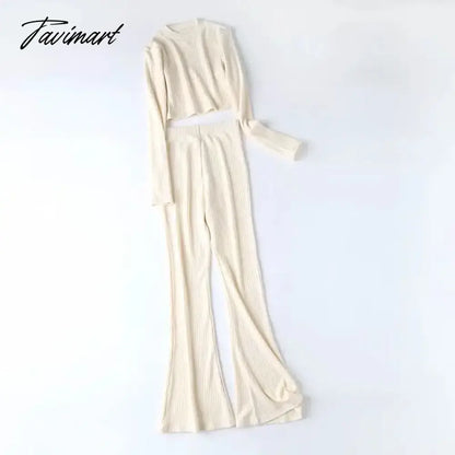 Two 2 Piece Sets Womens Outfits Tracksuits Sweatsuits Knitted Basic Crop Top High Waisted Casual Flare Pants Set Trousers Women