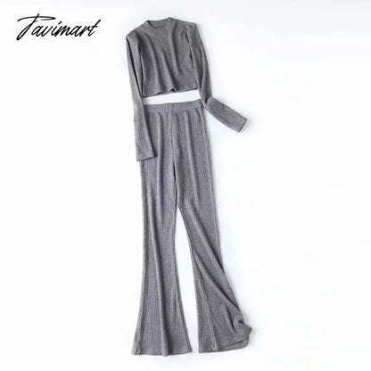 Two 2 Piece Sets Womens Outfits Tracksuits Sweatsuits Knitted Basic Crop Top High Waisted Casual Flare Pants Set Trousers Women