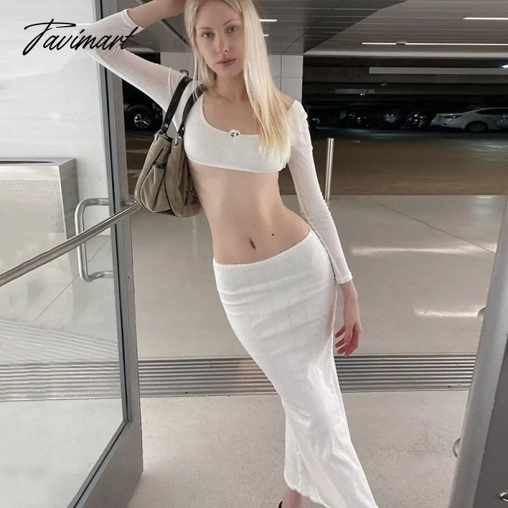 Two Piece Set Outfits Women White Long Sleeve Tops And High Waist Bodycon Long Skirts Femme 2 Piece Skirts Outfits