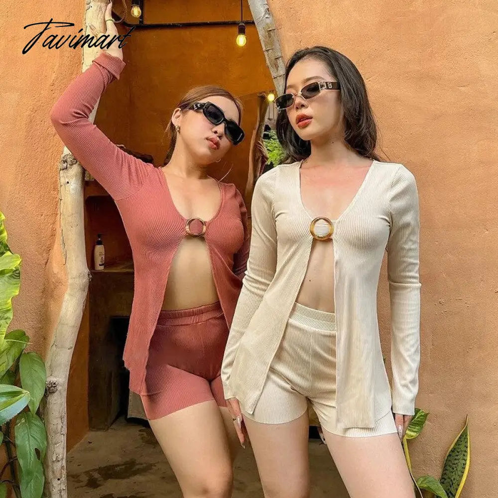 Two Piece Set Summer Sexy Outfits Knit Long Sleeve T-shirts And High Waist Shorts Pants Casual Shorts Matching Sets