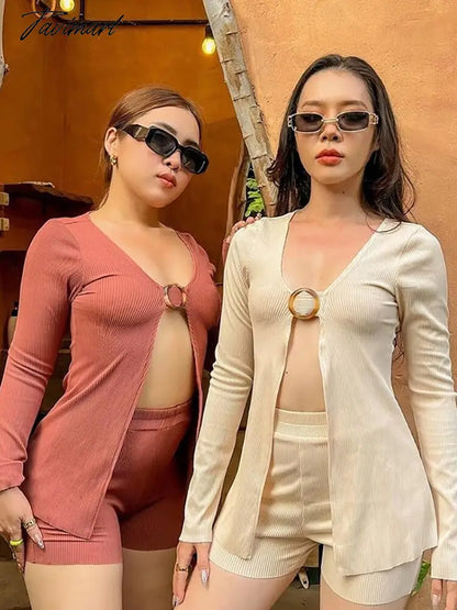 Two Piece Set Summer Sexy Outfits Knit Long Sleeve T-shirts And High Waist Shorts Pants Casual Shorts Matching Sets