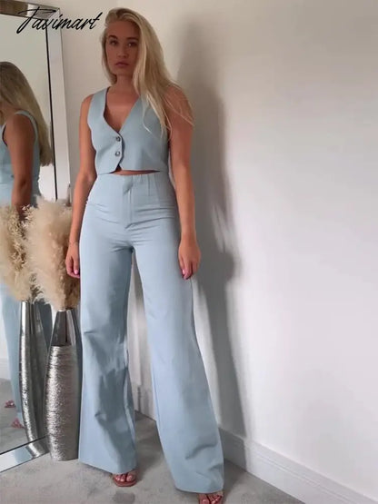 Two Piece Set Women Clothing Cropped Waistcoat And High Waist Full Length Pants Sets Casual Faux Linen Sets Womens Outfits