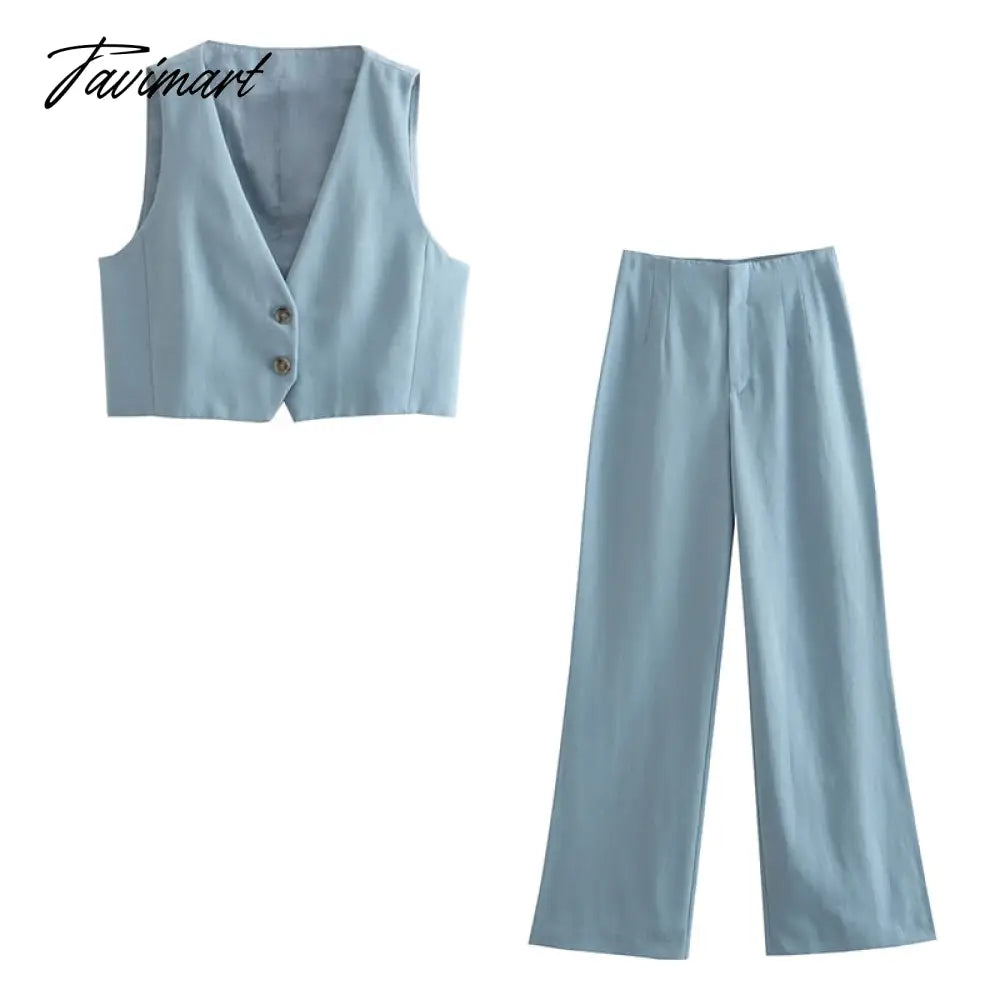 Two Piece Set Women Clothing Cropped Waistcoat And High Waist Full Length Pants Sets Casual Faux Linen Sets Womens Outfits
