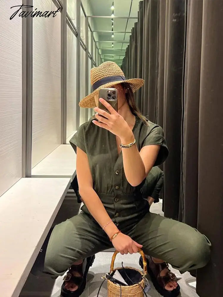 V-neck Dark Green Single Breasted Jumpsuit X-shaped Y2k Sleeveless Slim Fit Streetwear Fashion Casual Office Lady Jumpsuits