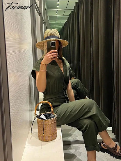 V-neck Dark Green Single Breasted Jumpsuit X-shaped Y2k Sleeveless Slim Fit Streetwear Fashion Casual Office Lady Jumpsuits