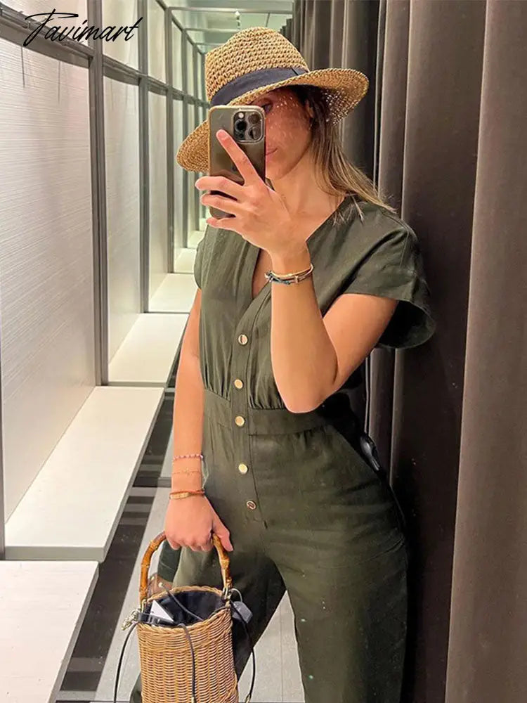 V-neck Dark Green Single Breasted Jumpsuit X-shaped Y2k Sleeveless Slim Fit Streetwear Fashion Casual Office Lady Jumpsuits