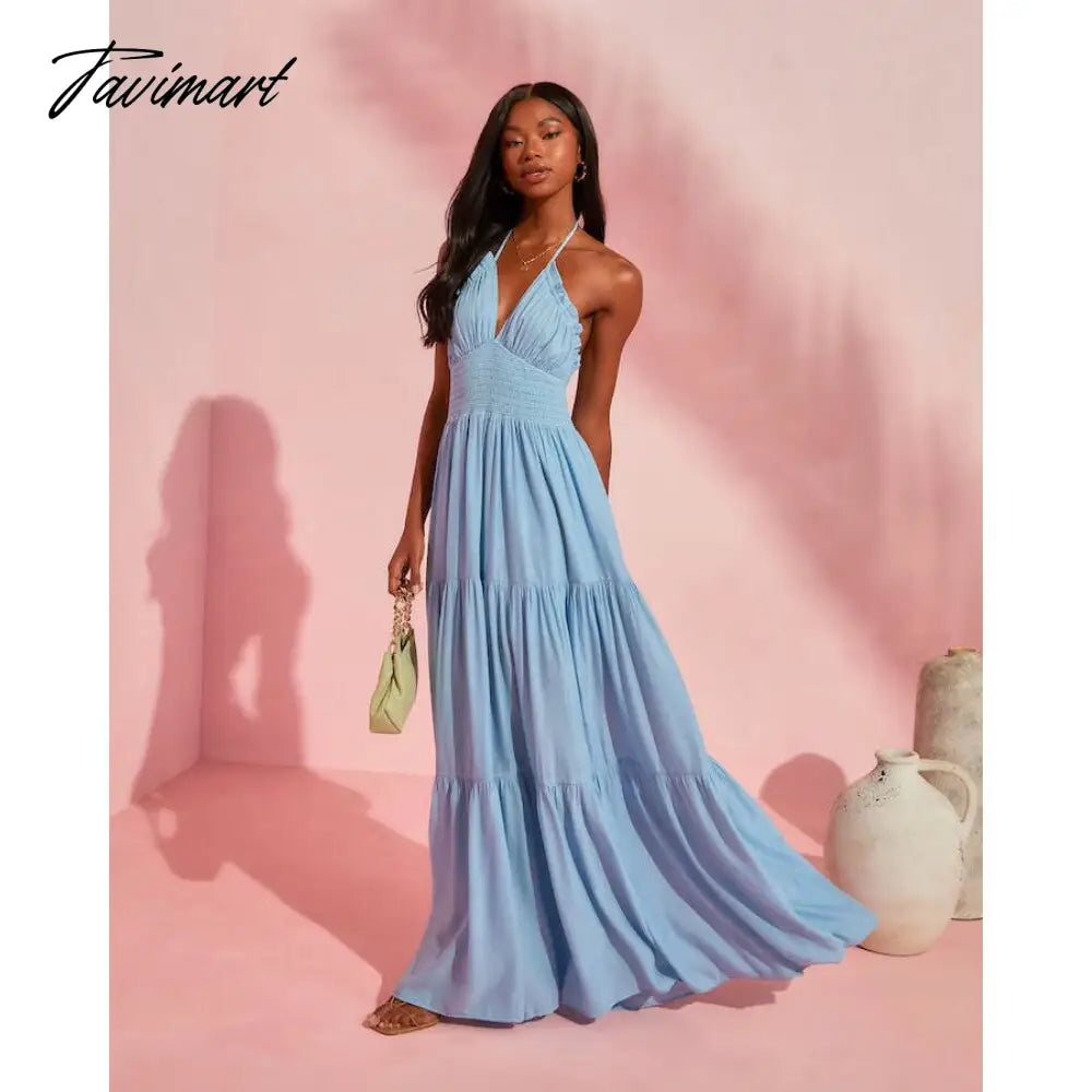 V-neck Dress,Summer Women's Solid V-Neck Strap Open Back Cable Dress Suitable for Summer Indoors and Outdoors