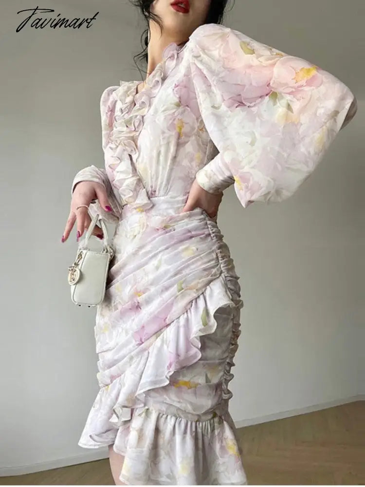 V Neck Ruffles Party Dress Women Fashion Summer French Style Slim Long Sleeve Mini Dress Chic Elegant Print Vintage Dress
