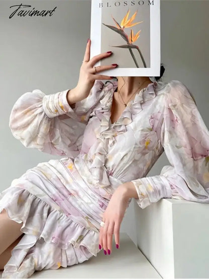 V Neck Ruffles Party Dress Women Fashion Summer French Style Slim Long Sleeve Mini Dress Chic Elegant Print Vintage Dress