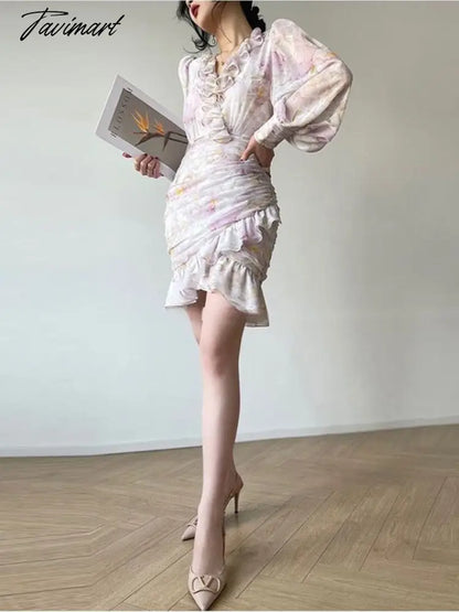 V Neck Ruffles Party Dress Women Fashion Summer French Style Slim Long Sleeve Mini Dress Chic Elegant Print Vintage Dress