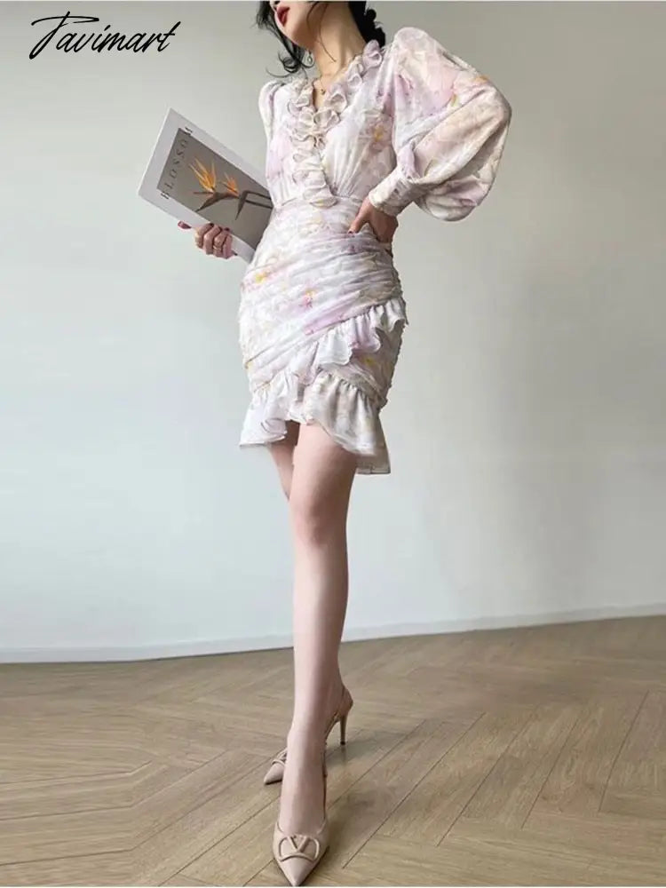 V Neck Ruffles Party Dress Women Fashion Summer French Style Slim Long Sleeve Mini Dress Chic Elegant Print Vintage Dress