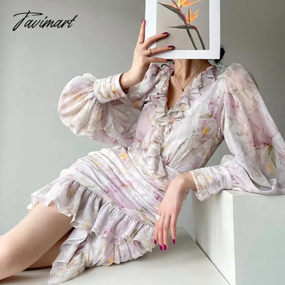 V Neck Ruffles Party Dress Women Fashion Summer French Style Slim Long Sleeve Mini Dress Chic Elegant Print Vintage Dress