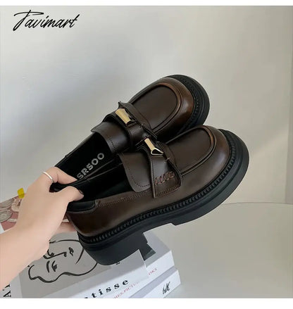 Versatile brown retro British style platform shoes women's new autumn slip-on block heel loafer single shoes