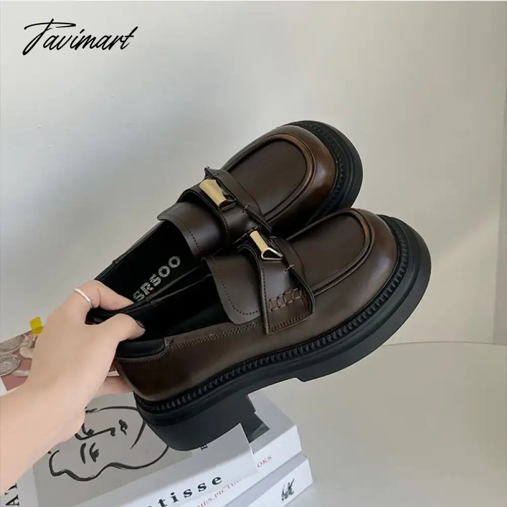 Versatile brown retro British style platform shoes women's new autumn slip-on block heel loafer single shoes