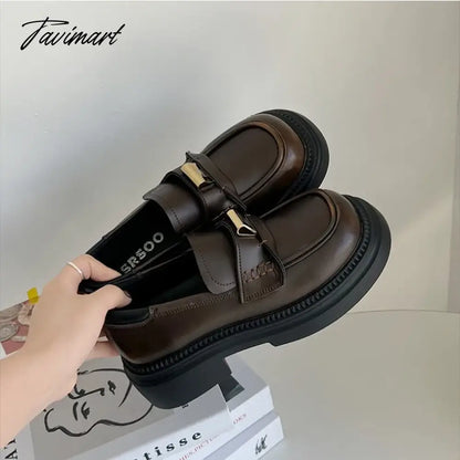 Versatile brown retro British style platform shoes women's new autumn slip-on block heel loafer single shoes