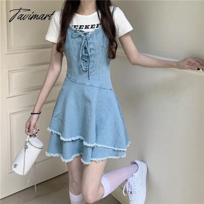 Vintage Bandage Sharpened Edge Cowboy Women's Dress Design Sense Small Crowd Summer New Sweet French Slim Slim Sling Dress