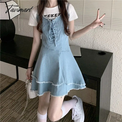 Vintage Bandage Sharpened Edge Cowboy Women's Dress Design Sense Small Crowd Summer New Sweet French Slim Slim Sling Dress