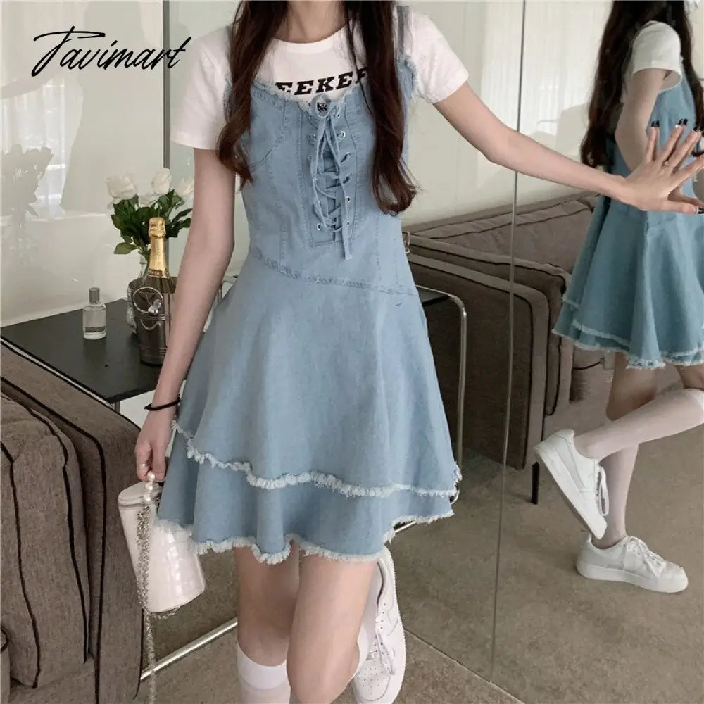 Vintage Bandage Sharpened Edge Cowboy Women's Dress Design Sense Small Crowd Summer New Sweet French Slim Slim Sling Dress
