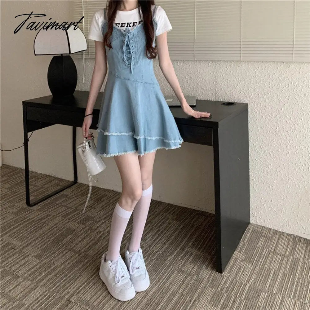 Vintage Bandage Sharpened Edge Cowboy Women's Dress Design Sense Small Crowd Summer New Sweet French Slim Slim Sling Dress