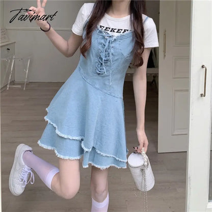 Vintage Bandage Sharpened Edge Cowboy Women's Dress Design Sense Small Crowd Summer New Sweet French Slim Slim Sling Dress