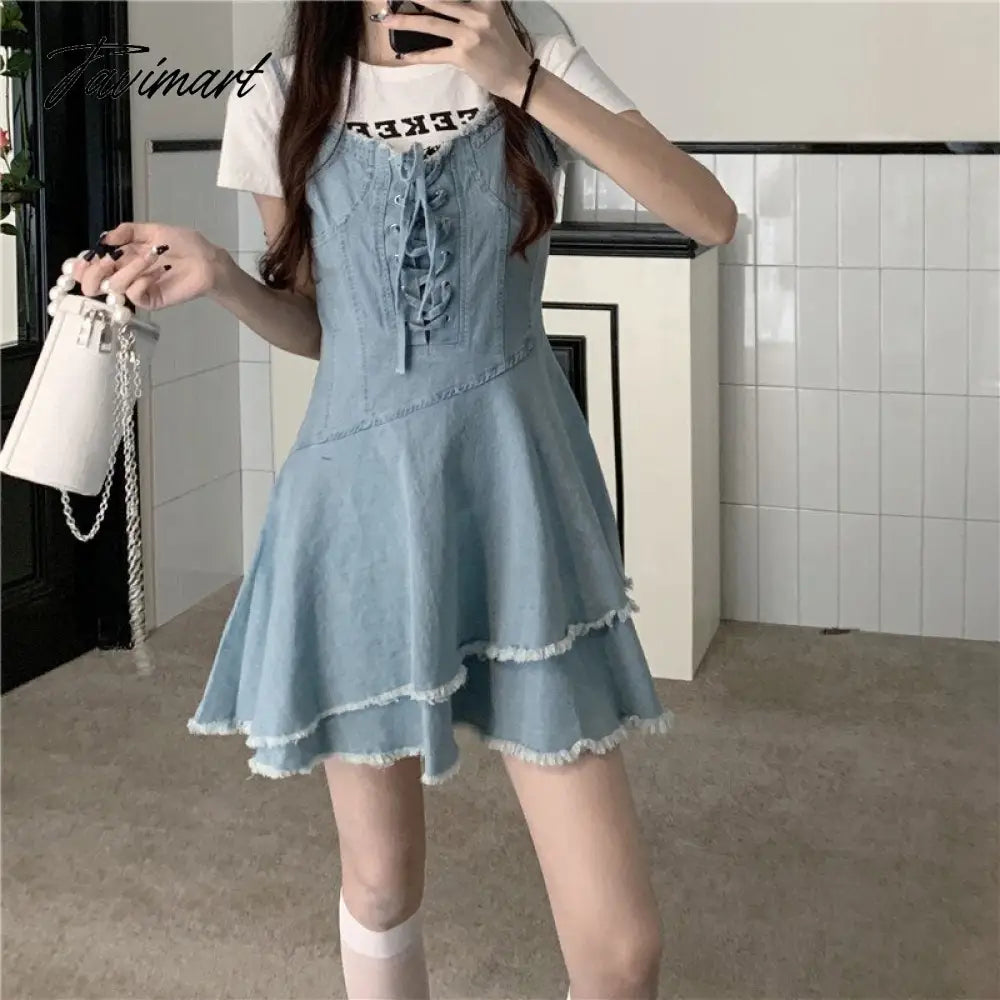 Vintage Bandage Sharpened Edge Cowboy Women's Dress Design Sense Small Crowd Summer New Sweet French Slim Slim Sling Dress