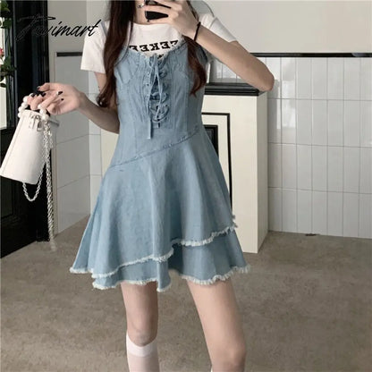Vintage Bandage Sharpened Edge Cowboy Women's Dress Design Sense Small Crowd Summer New Sweet French Slim Slim Sling Dress