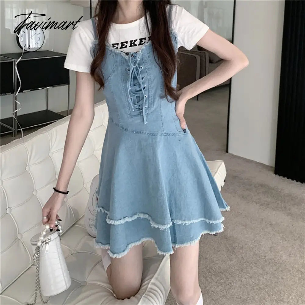 Vintage Bandage Sharpened Edge Cowboy Women's Dress Design Sense Small Crowd Summer New Sweet French Slim Slim Sling Dress