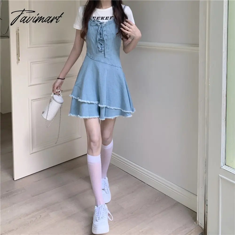 Vintage Bandage Sharpened Edge Cowboy Women's Dress Design Sense Small Crowd Summer New Sweet French Slim Slim Sling Dress