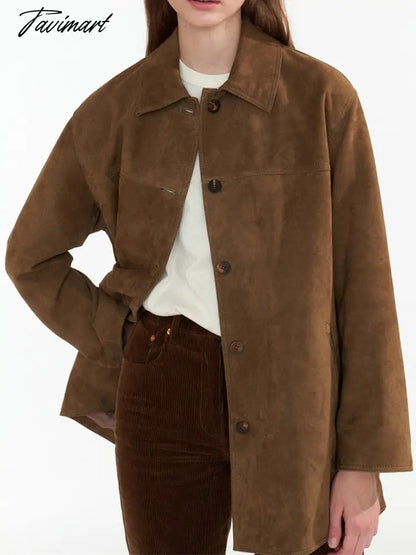 Vintage Brown Fashion Caot Women Autum Winter Trun Down Collar Single Breasted Outwear Ladies Classic Simple Jacket Caots