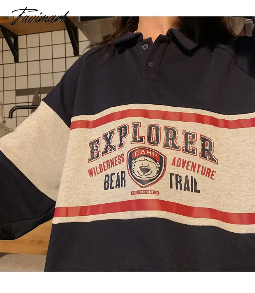 Vintage College Sweatshirts Women Teens Bear Letter Print Long Sleeve Polo Collar y2k Aesthetic Streetwear