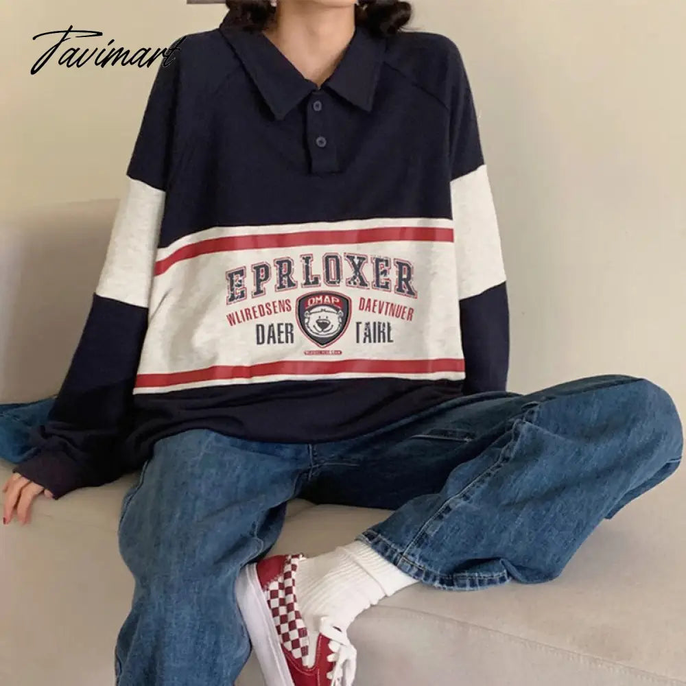 Vintage College Sweatshirts Women Teens Bear Letter Print Long Sleeve Polo Collar y2k Aesthetic Streetwear