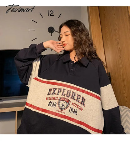 Vintage College Sweatshirts Women Teens Bear Letter Print Long Sleeve Polo Collar y2k Aesthetic Streetwear