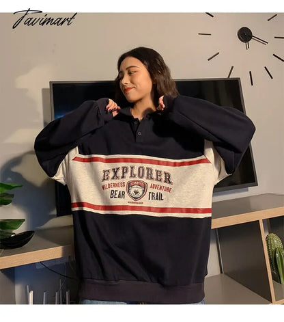 Vintage College Sweatshirts Women Teens Bear Letter Print Long Sleeve Polo Collar y2k Aesthetic Streetwear